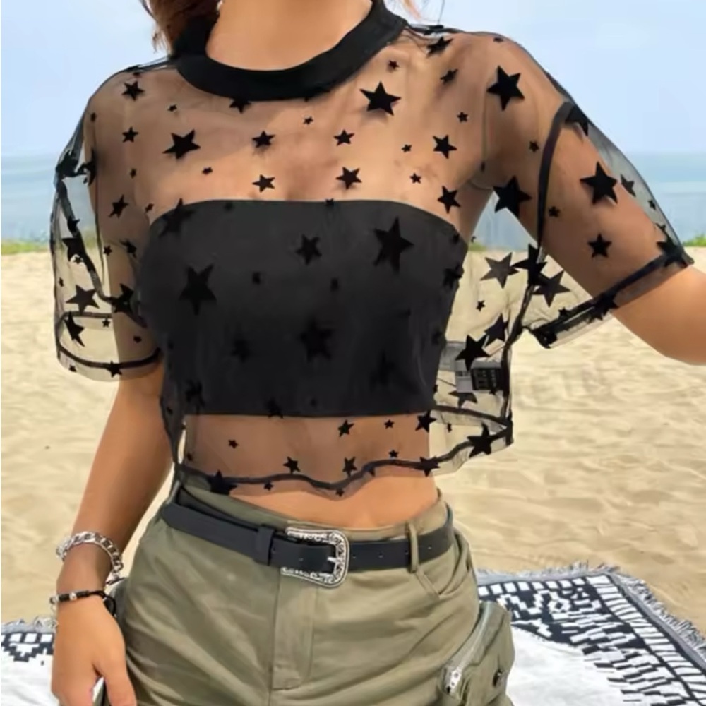 Black Graphic Mesh Crop Top with Short Sleeves 2 for 1 deal $5 - Picture 3 of 8